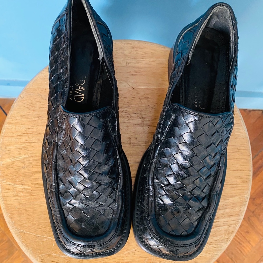 Vintage Italian Black BasketWeave Leather Loafers